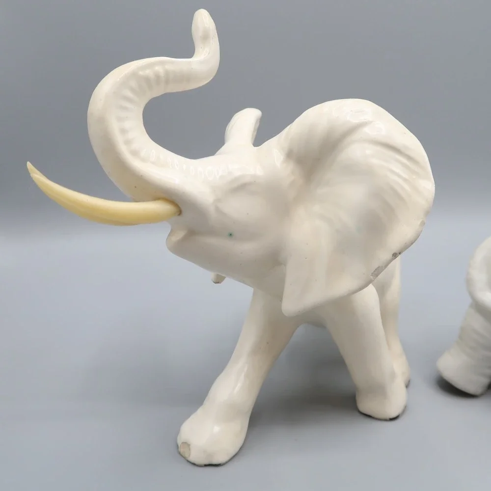 2 White Ceramic Elephant Figurine Trunk Up‎ Tusks 6in & 4in Lot of 2 set